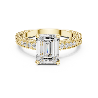 Emerald vintage filigree ring in yellow gold with milgrain, channel set diamond band and lab-grown diamond – Australia