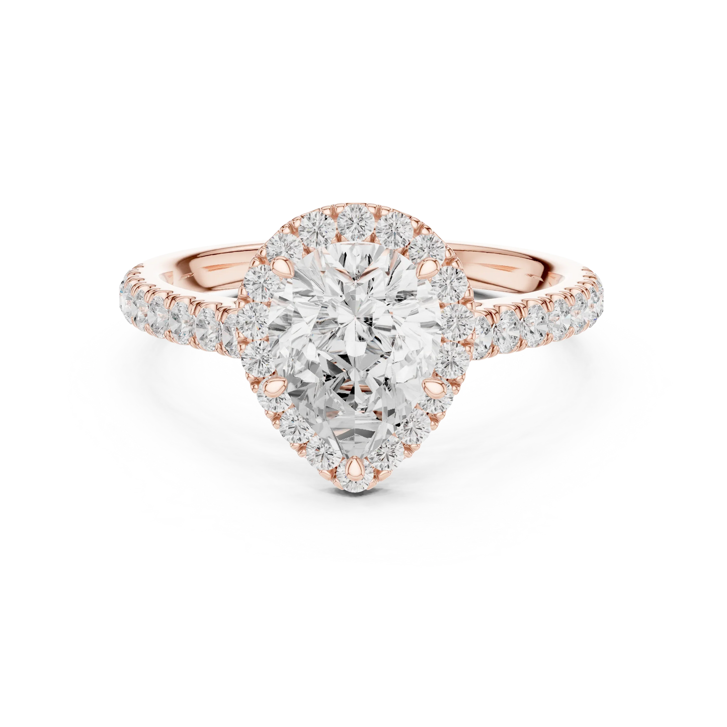 Front view of rose gold eternal halo pear cut diamond ring with lab-grown center stone surrounded by halo diamonds, romantic modern look