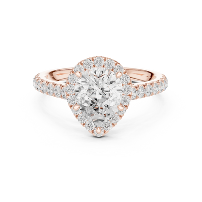 Front view of rose gold eternal halo pear cut diamond ring with lab-grown center stone surrounded by halo diamonds, romantic modern look