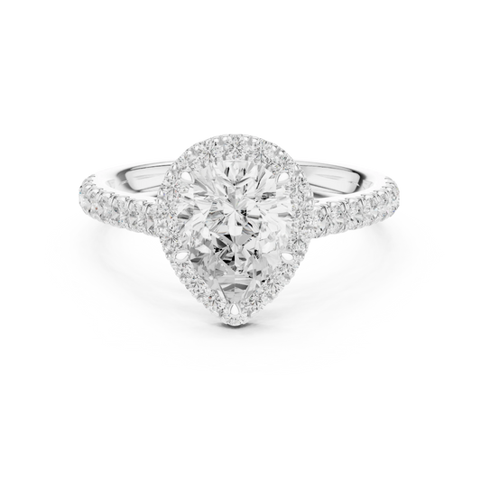 Front view of white gold eternal halo pear cut diamond ring with lab-grown center stone surrounded by halo diamonds, elegant teardrop design