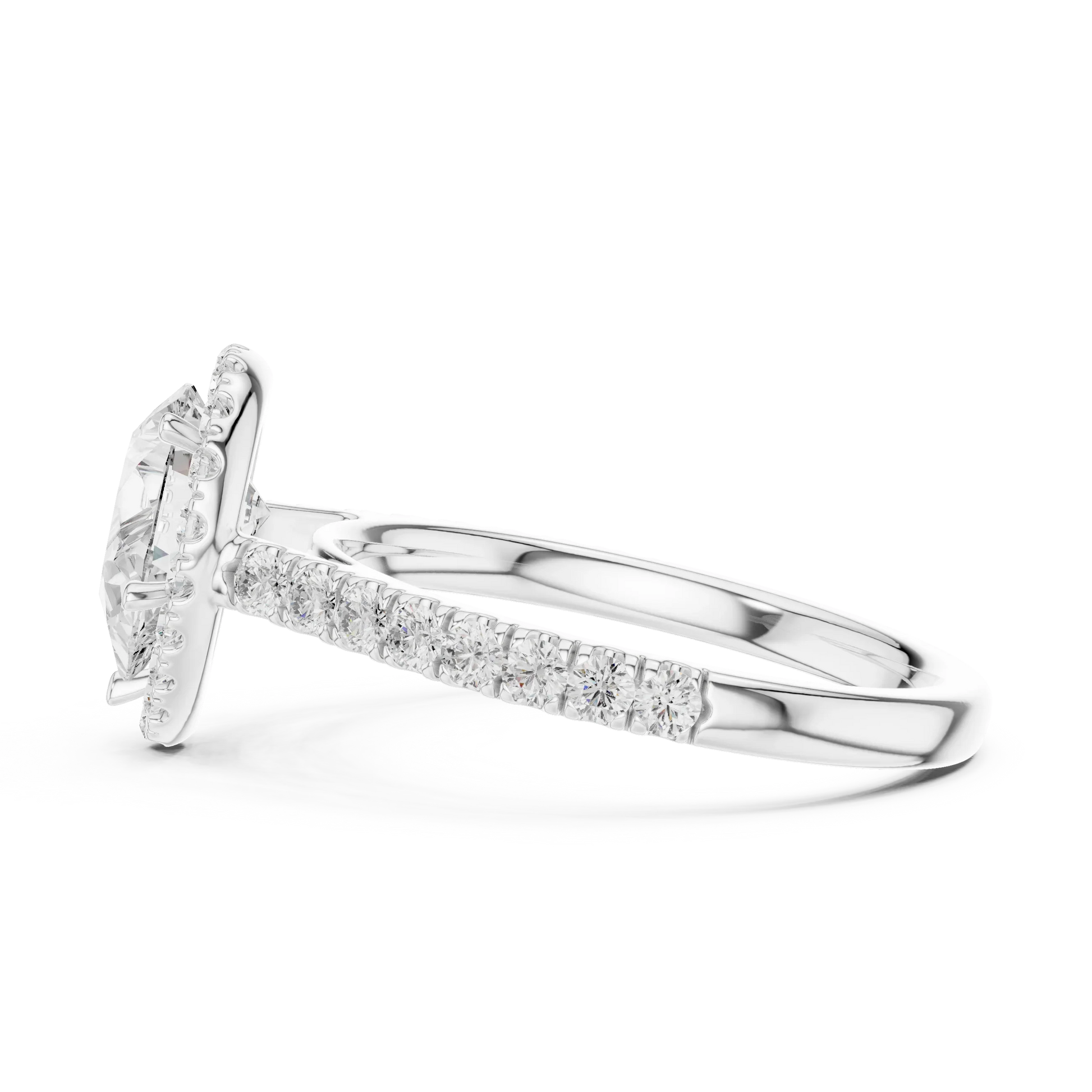 Side view of white gold pear cut diamond ring with eternal halo setting showing elevated center stone and refined band profile