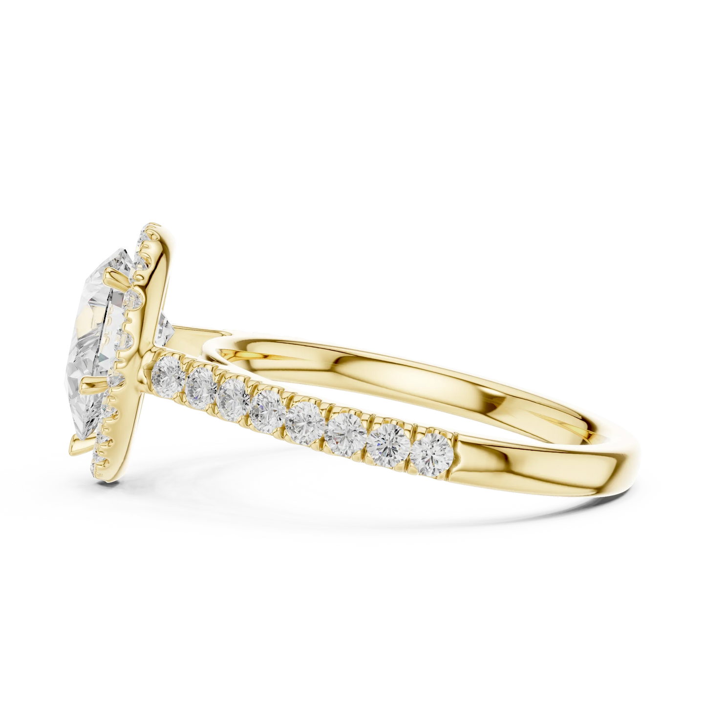 Side view of yellow gold pear cut diamond ring with halo setting highlighting band structure and center stone elevation