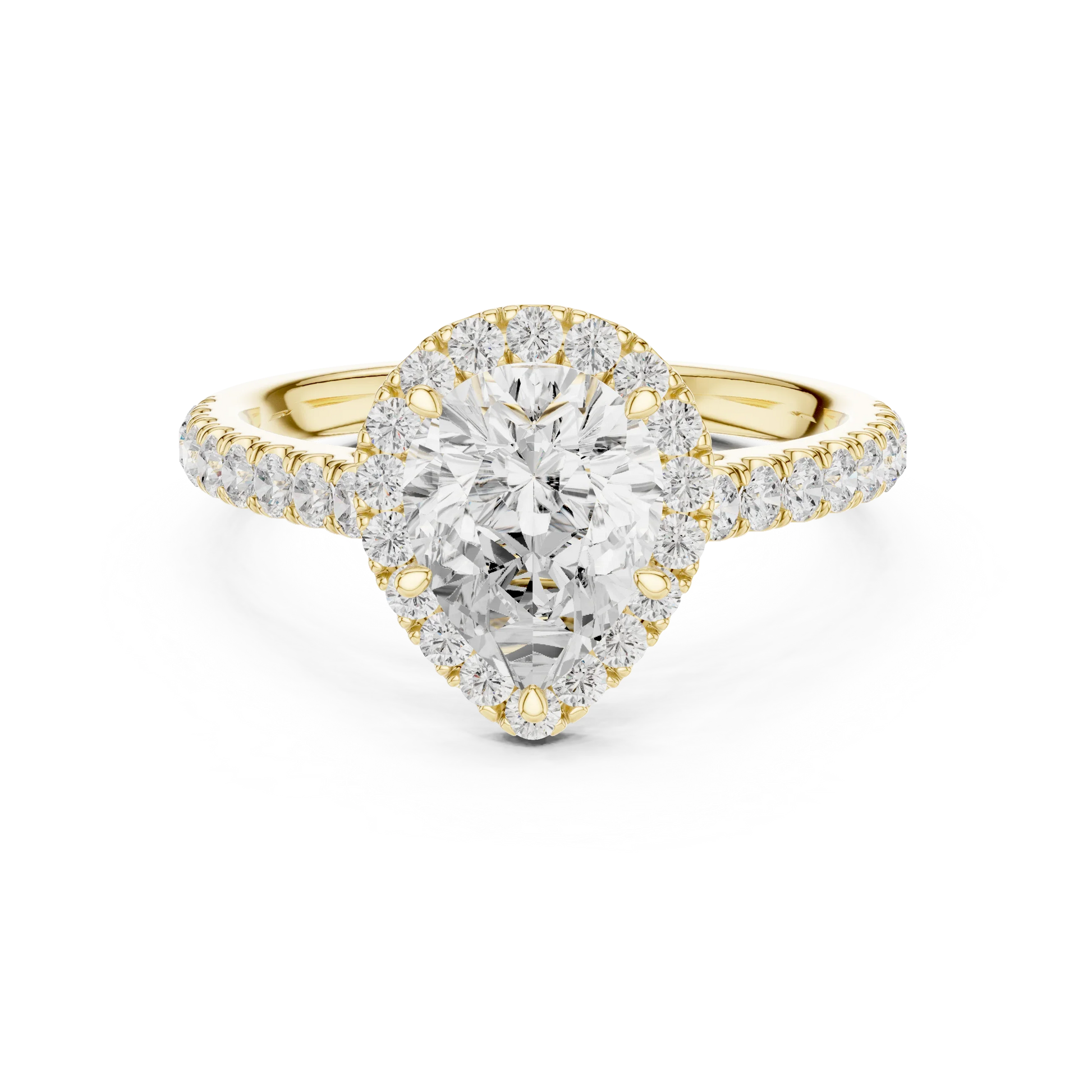 Top view of yellow gold eternal halo pear cut diamond ring with lab-grown center stone encircled by halo diamonds, classic brilliance