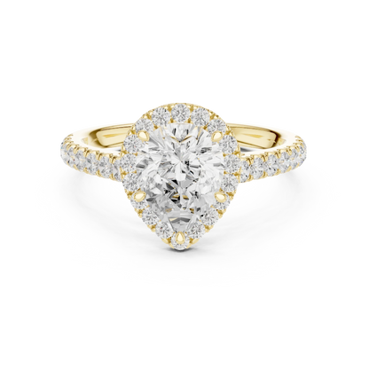 Top view of yellow gold eternal halo pear cut diamond ring with lab-grown center stone encircled by halo diamonds, classic brilliance