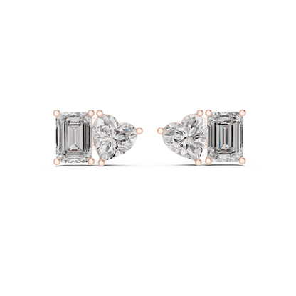 Heart & Emerald Cut Diamond Stud Earrings