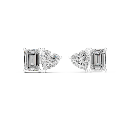 Heart & Emerald Cut Diamond Stud Earrings