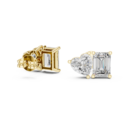 Heart & Emerald Cut Diamond Stud Earrings