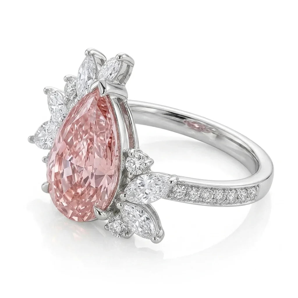 Left side view of Graff inspired pear shape and marquise cut fancy pink diamond ring in white gold with lab-grown diamonds – Australia