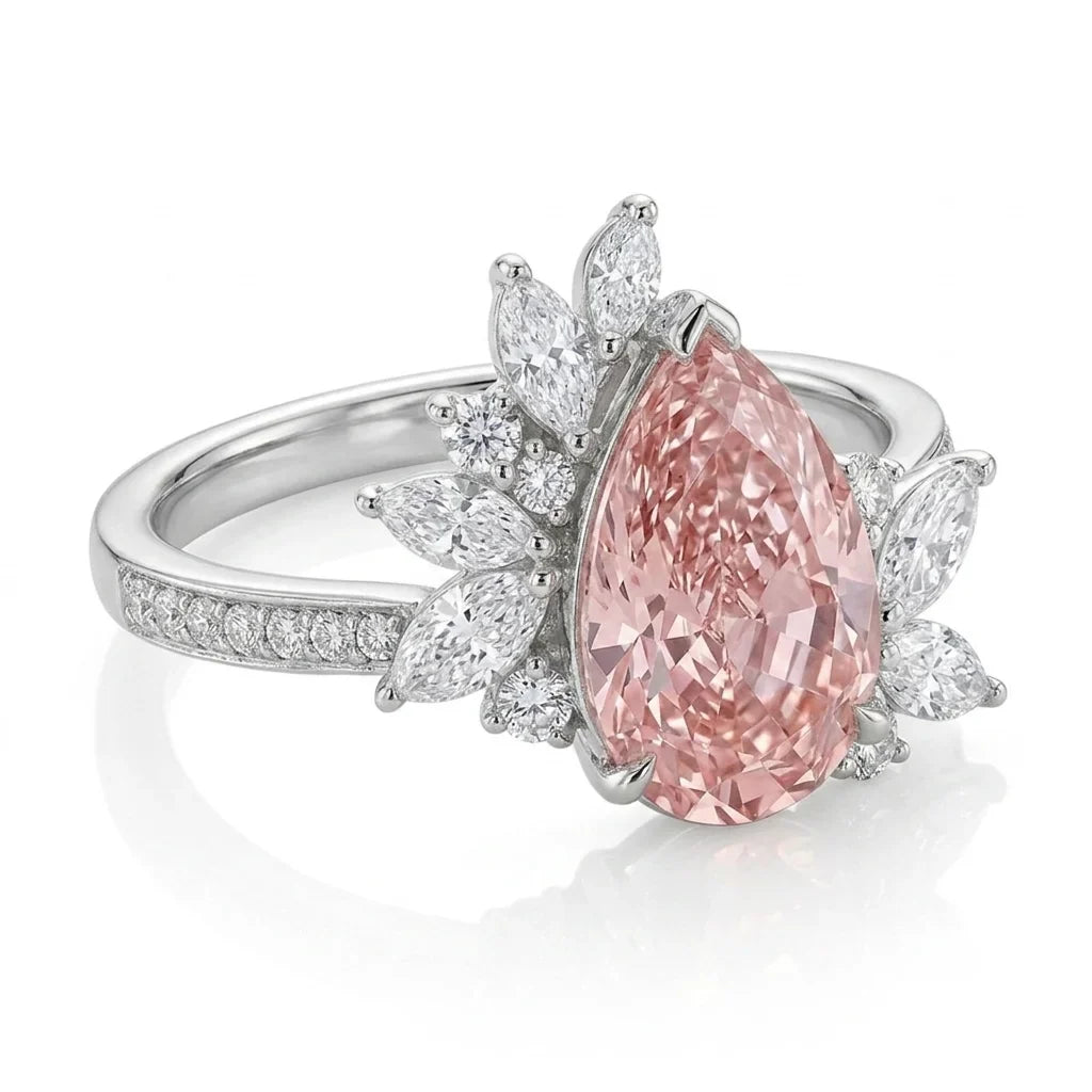 Side view of Graff inspired pear shape and marquise cut fancy pink diamond ring in white gold with lab-grown diamonds – Australia