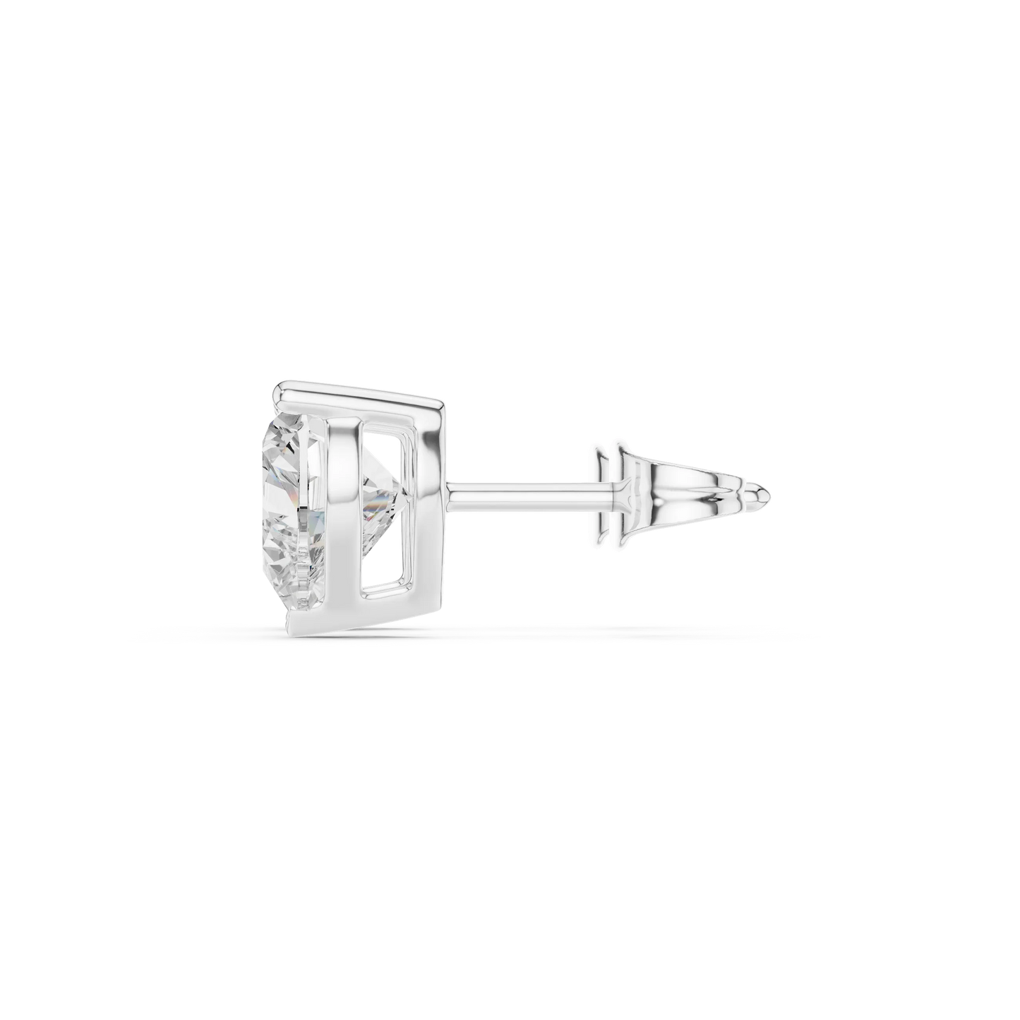 Diamond stud earring on a white background with side view