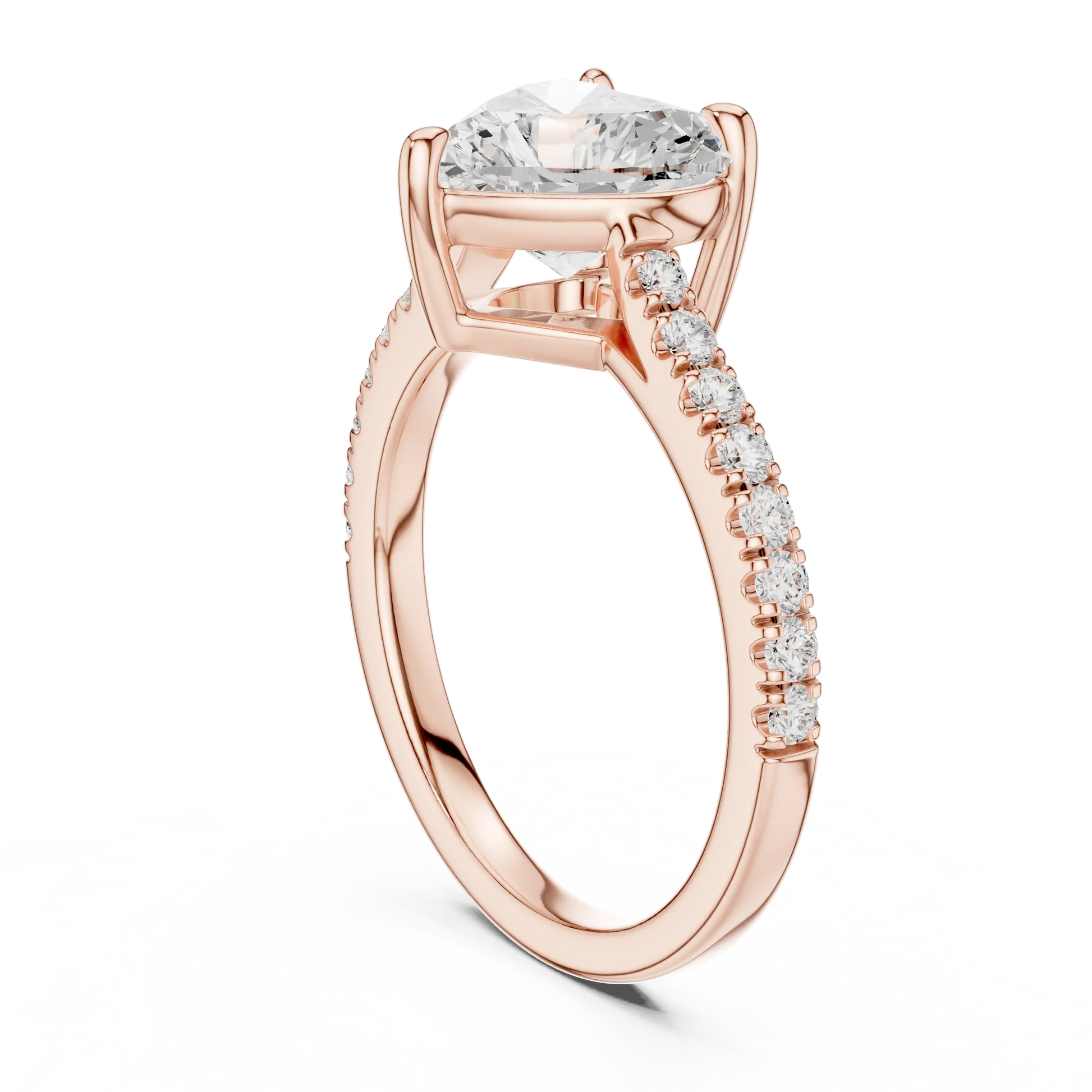 Back side view of rose gold heart-shaped diamond pavé band ring showing band and setting details