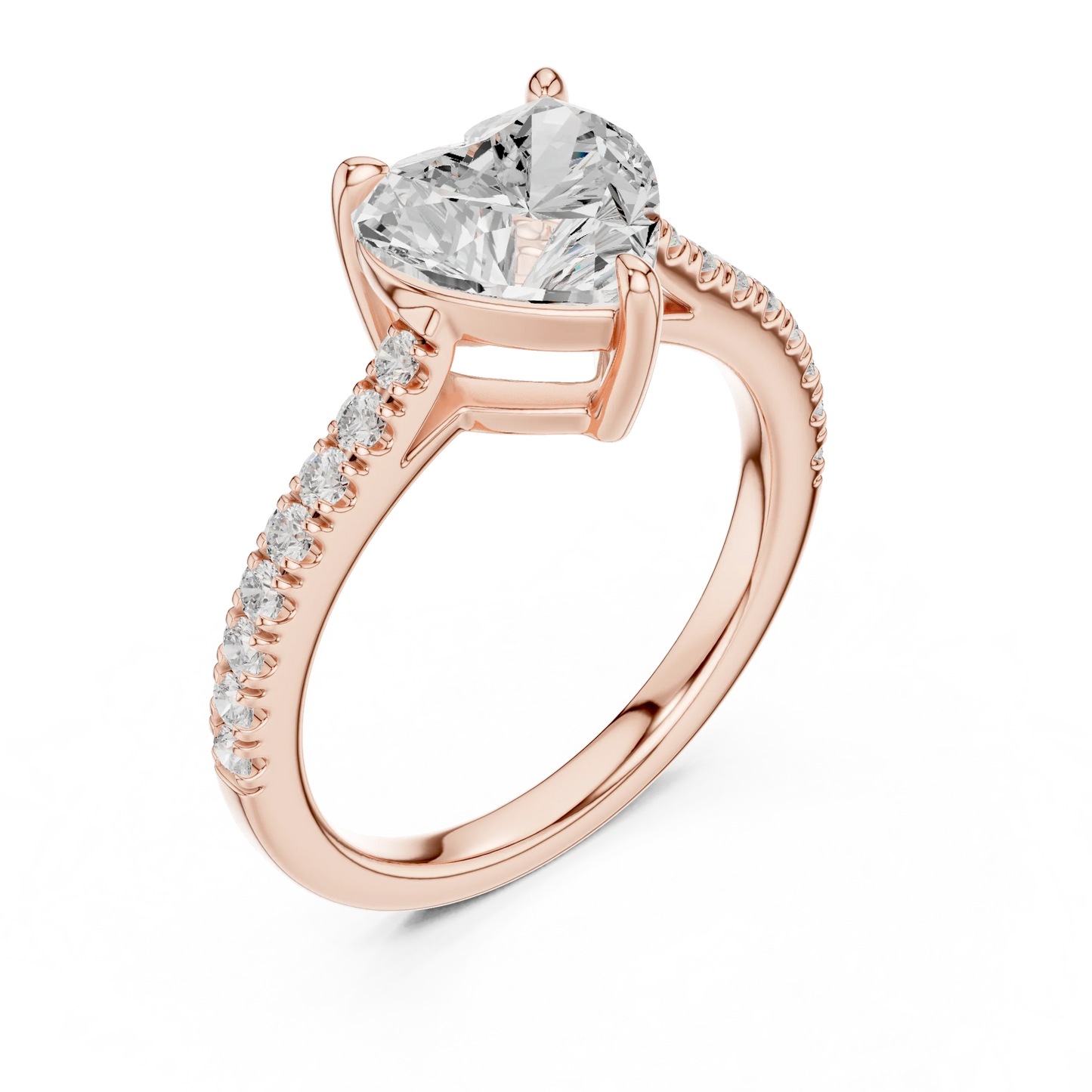 Front view of rose gold heart-shaped diamond pavé band ring