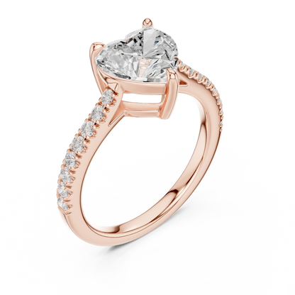 Front view of rose gold heart-shaped diamond pavé band ring