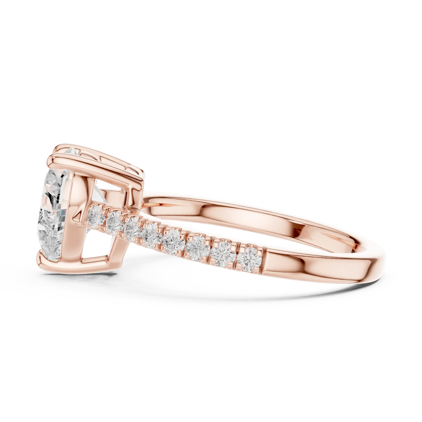 Side profile of rose gold heart-shaped diamond pavé band ring with detailed band setting