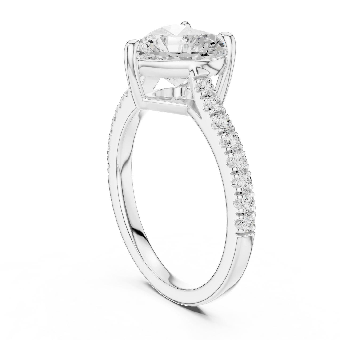Back side view of white gold heart-shaped diamond pavé band ring showing band and setting details