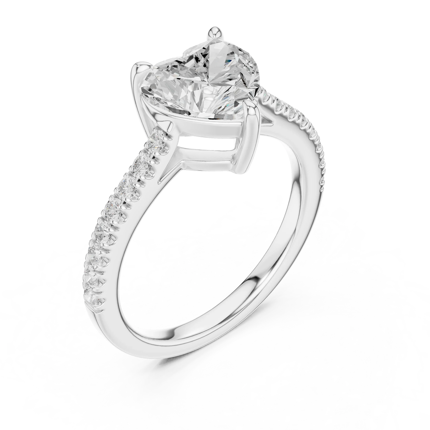 Front view of white gold heart-shaped diamond pavé band ring