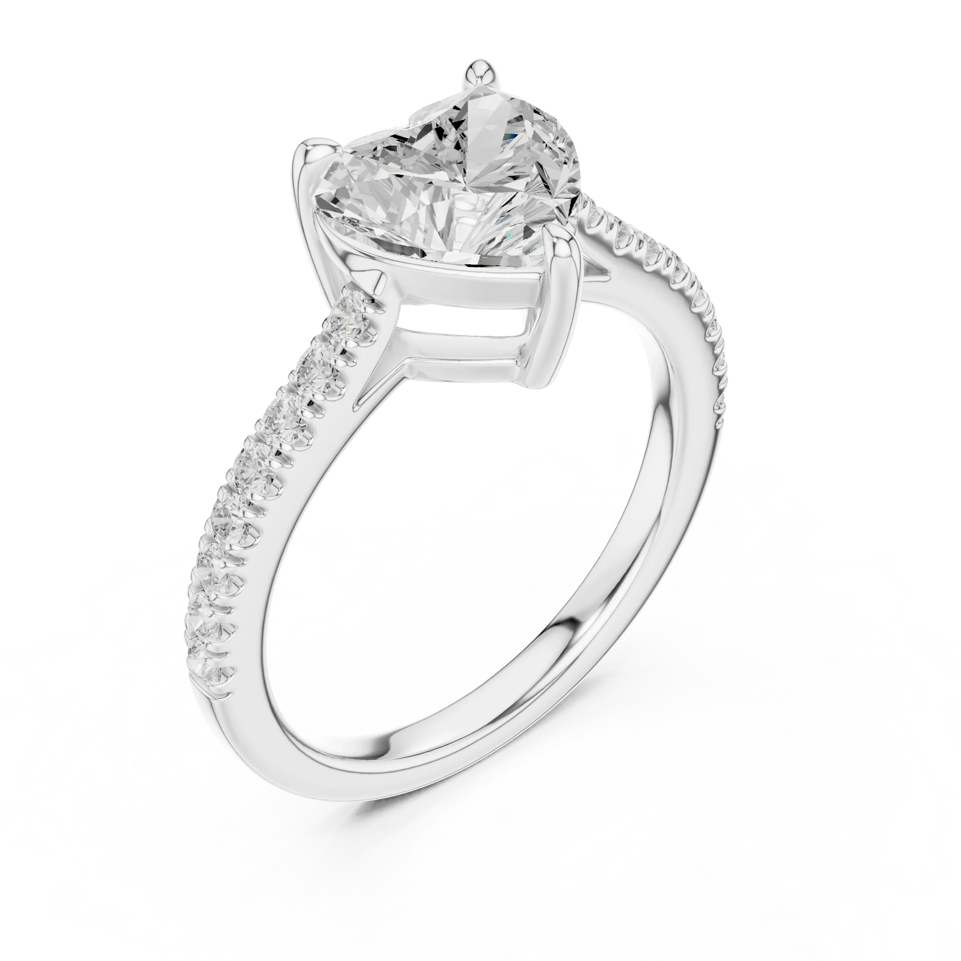 Front view of white gold heart-shaped diamond pavé band ring