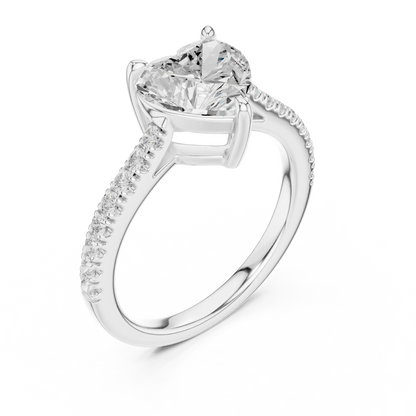 Front view of white gold heart-shaped diamond pavé band ring