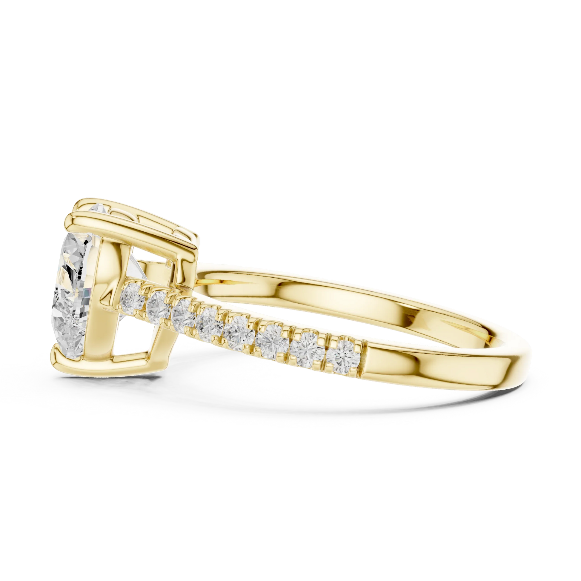 Side view of yellow gold heart-shaped diamond pavé band ring with detailed band setting