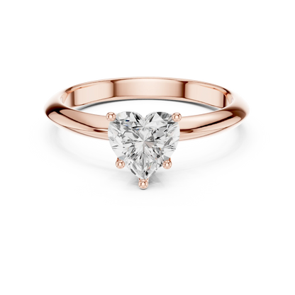 Lab-grown heart shape diamond solitaire ring in rose gold, soft tone top view