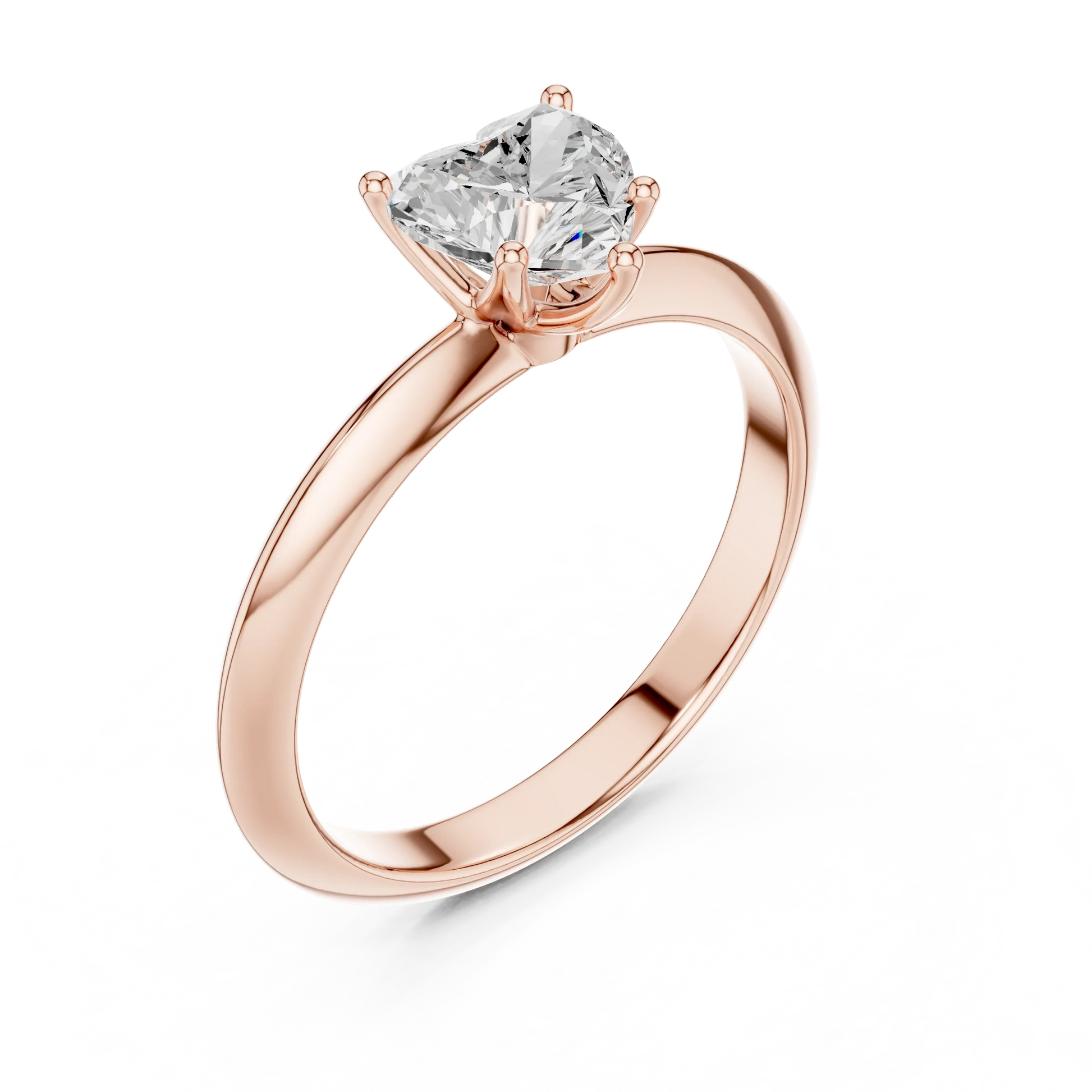 Front view of rose gold heart diamond solitaire ring, showcasing gemstone brilliance