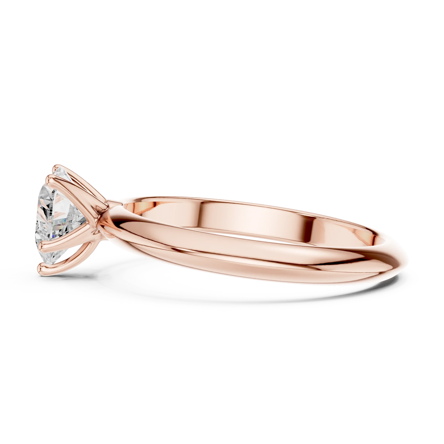 Side view of rose gold heart shape diamond solitaire ring, highlighting design profile