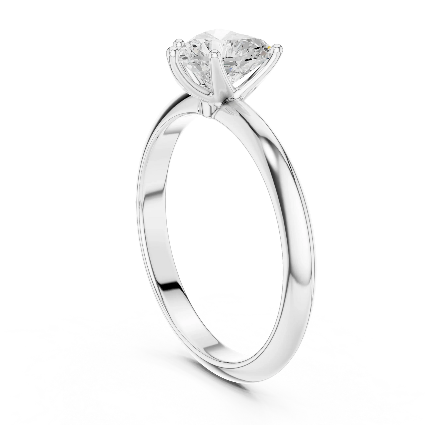 Back side view of white gold heart diamond solitaire ring, showing band and setting