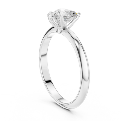 Back side view of white gold heart diamond solitaire ring, showing band and setting