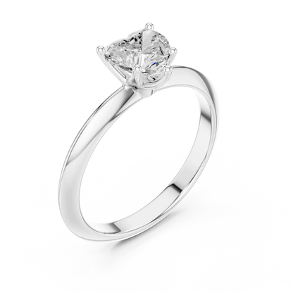 Front view of white gold heart shape diamond solitaire ring, showcasing center stone