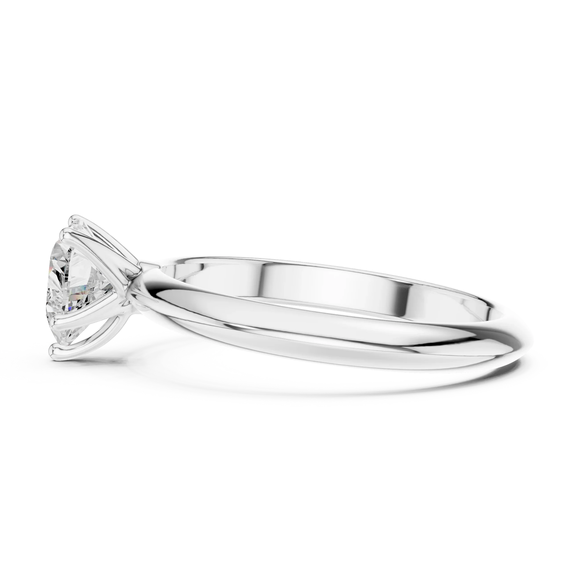 Side view of white gold heart shape diamond solitaire ring, highlighting prong setting.