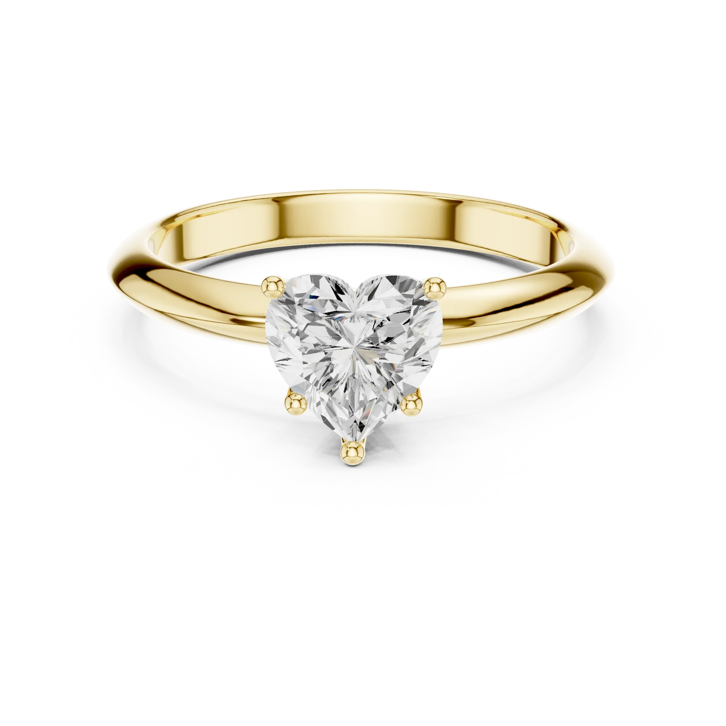 Lab-grown heart shape diamond solitaire ring in yellow gold, classic top view.