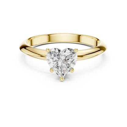 Lab-grown heart shape diamond solitaire ring in yellow gold, classic top view.