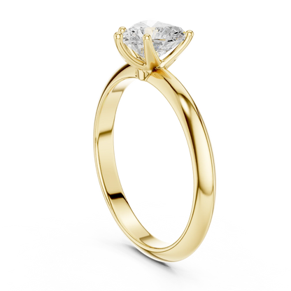 Back side view of yellow gold heart diamond solitaire ring, showing band structure