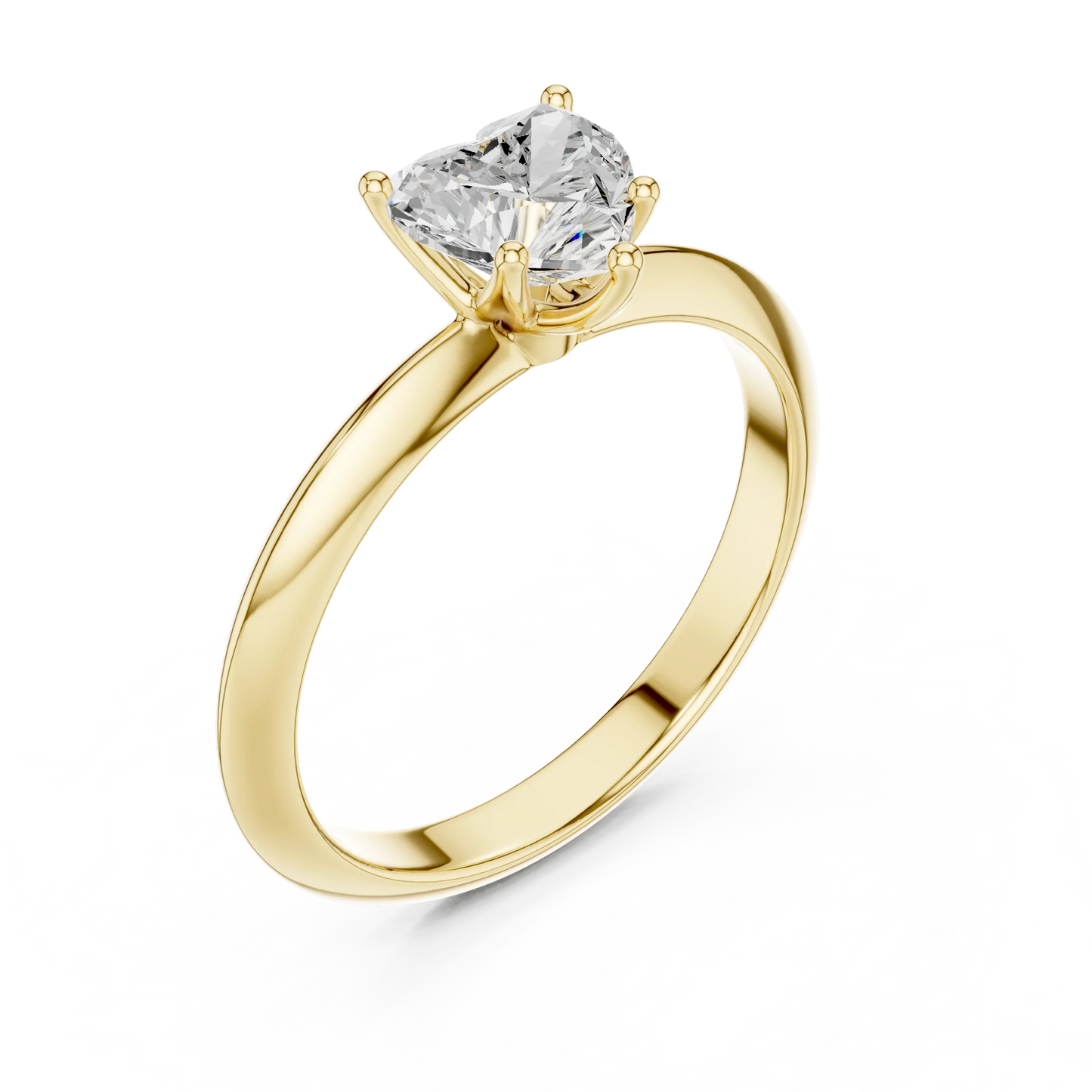 Front view of yellow gold heart diamond solitaire ring, emphasizing brilliance.