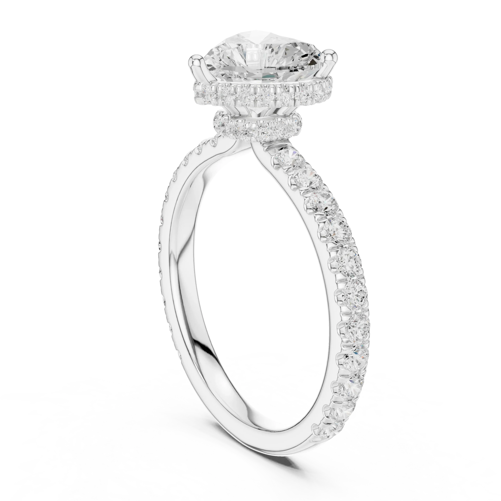 Back view of white gold heart hidden halo ring with pave diamond band and lab-grown diamond 鈥?Australia