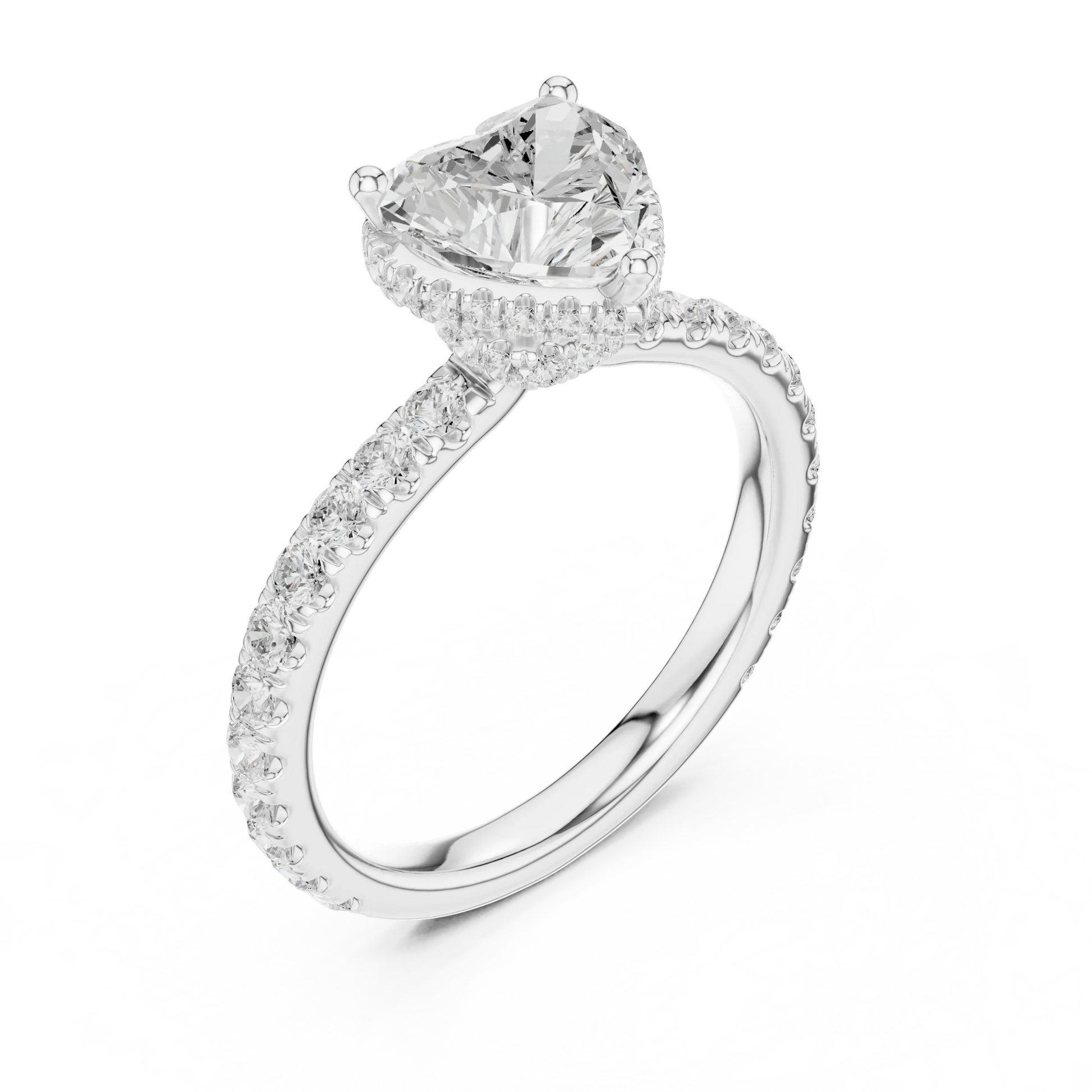 Front view of white gold heart hidden halo ring with pave diamond band and lab-grown diamond 鈥?Australia