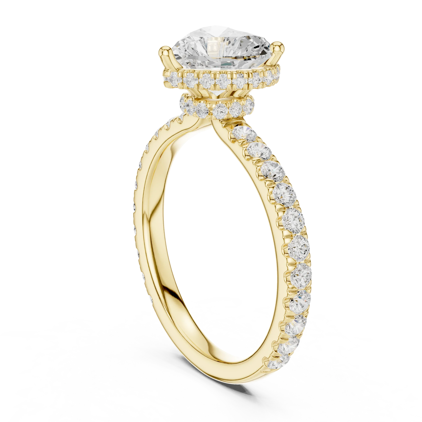 Back view of yellow gold heart hidden halo ring with pave diamond band and lab-grown diamond 鈥?Australia