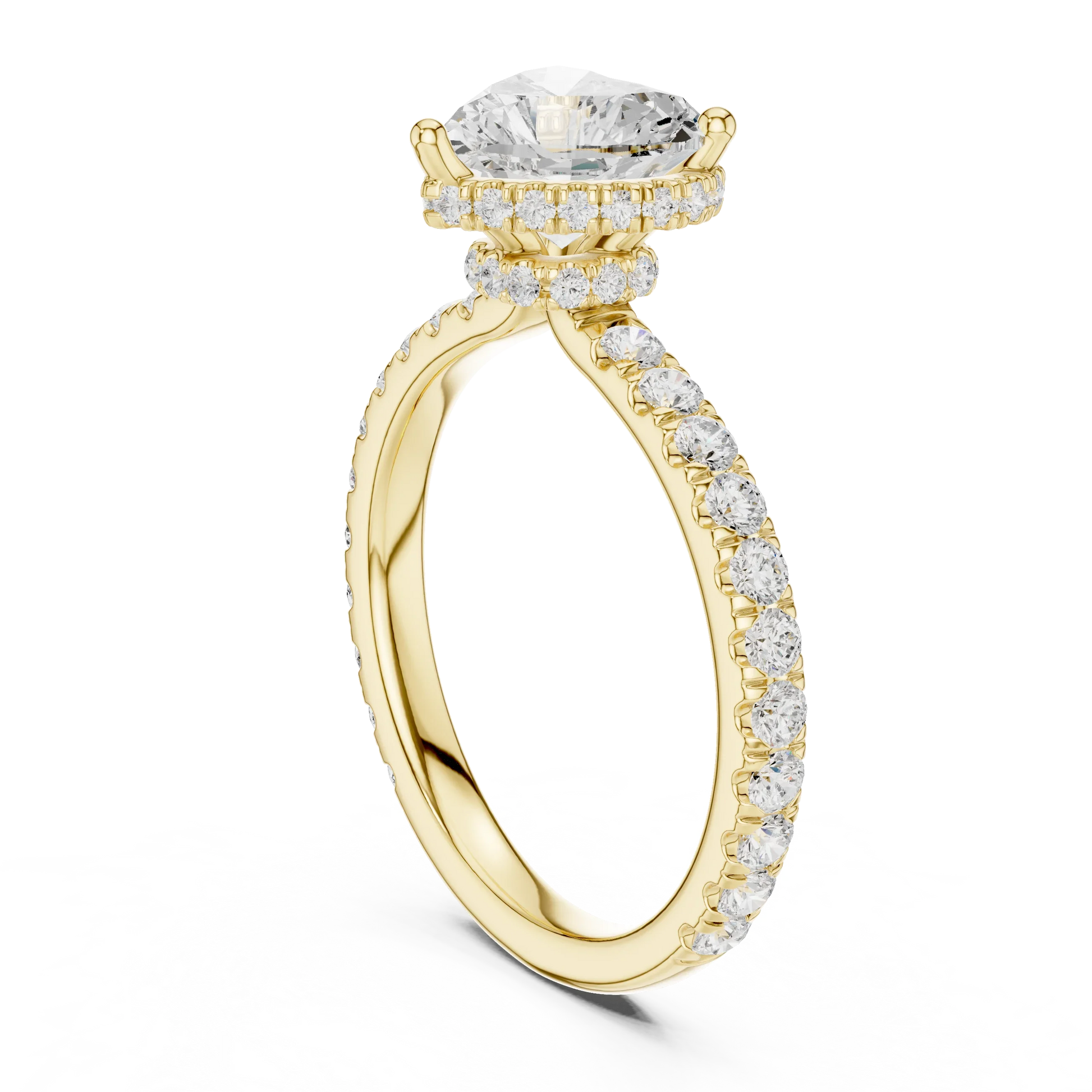 Back view of yellow gold heart hidden halo ring with pave diamond band and lab-grown diamond 鈥?Australia