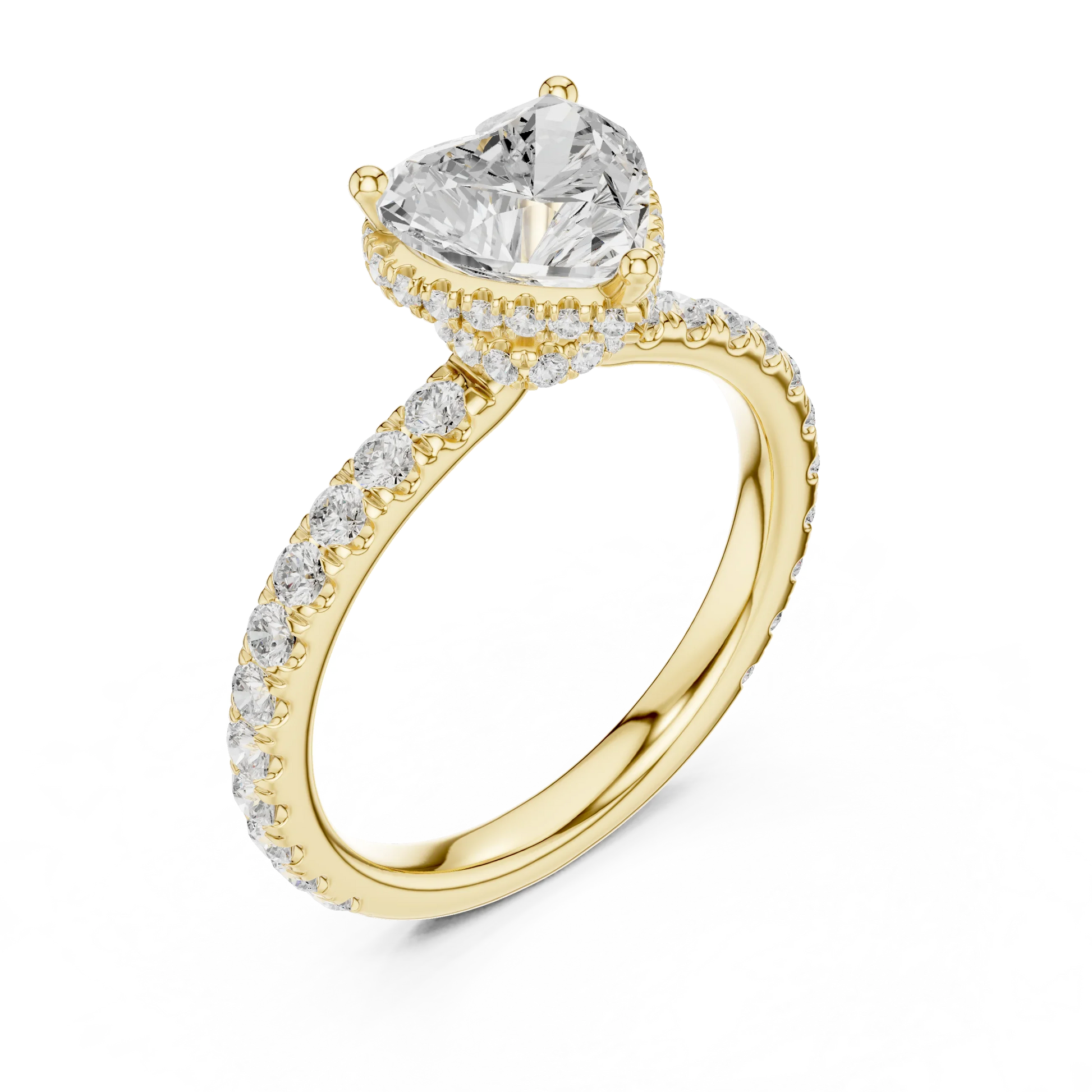 Front view of yellow gold heart hidden halo ring with pave diamond band and lab-grown diamond 鈥?Australia
