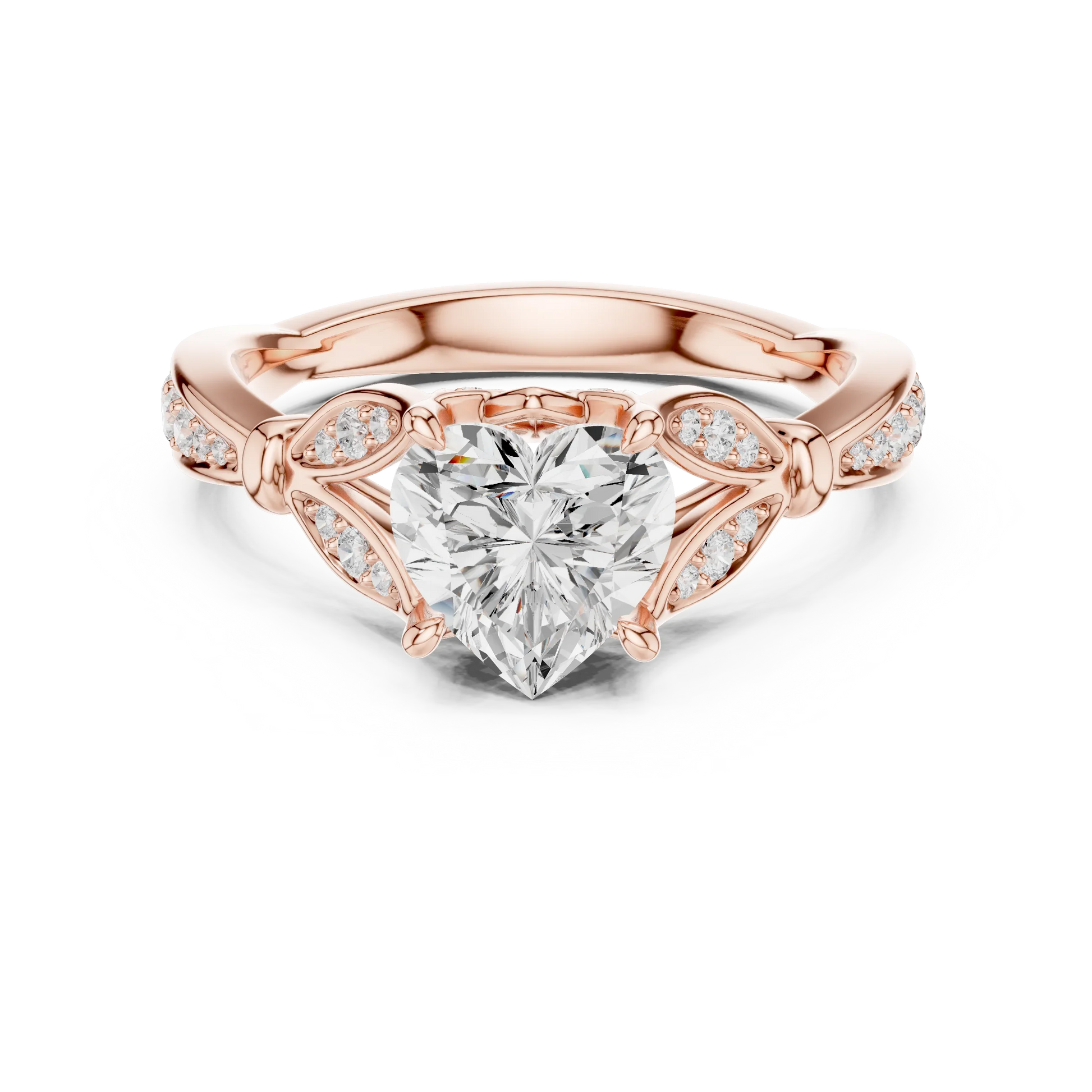 Heart solitaire ring in rose gold with floral milgrain pave band and lab-grown diamond – Australia