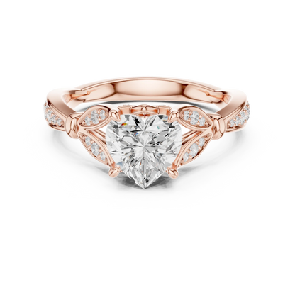 Heart solitaire ring in rose gold with floral milgrain pave band and lab-grown diamond – Australia