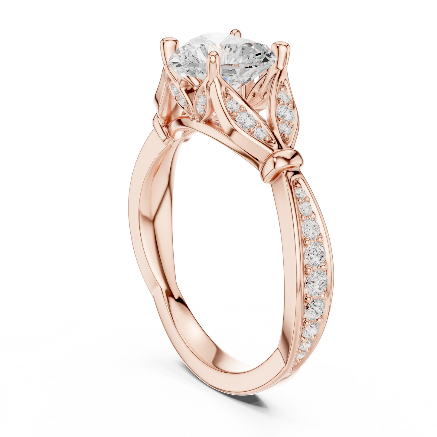 Back side view of rose gold heart solitaire ring with floral milgrain pave band and lab-grown diamond – Australia