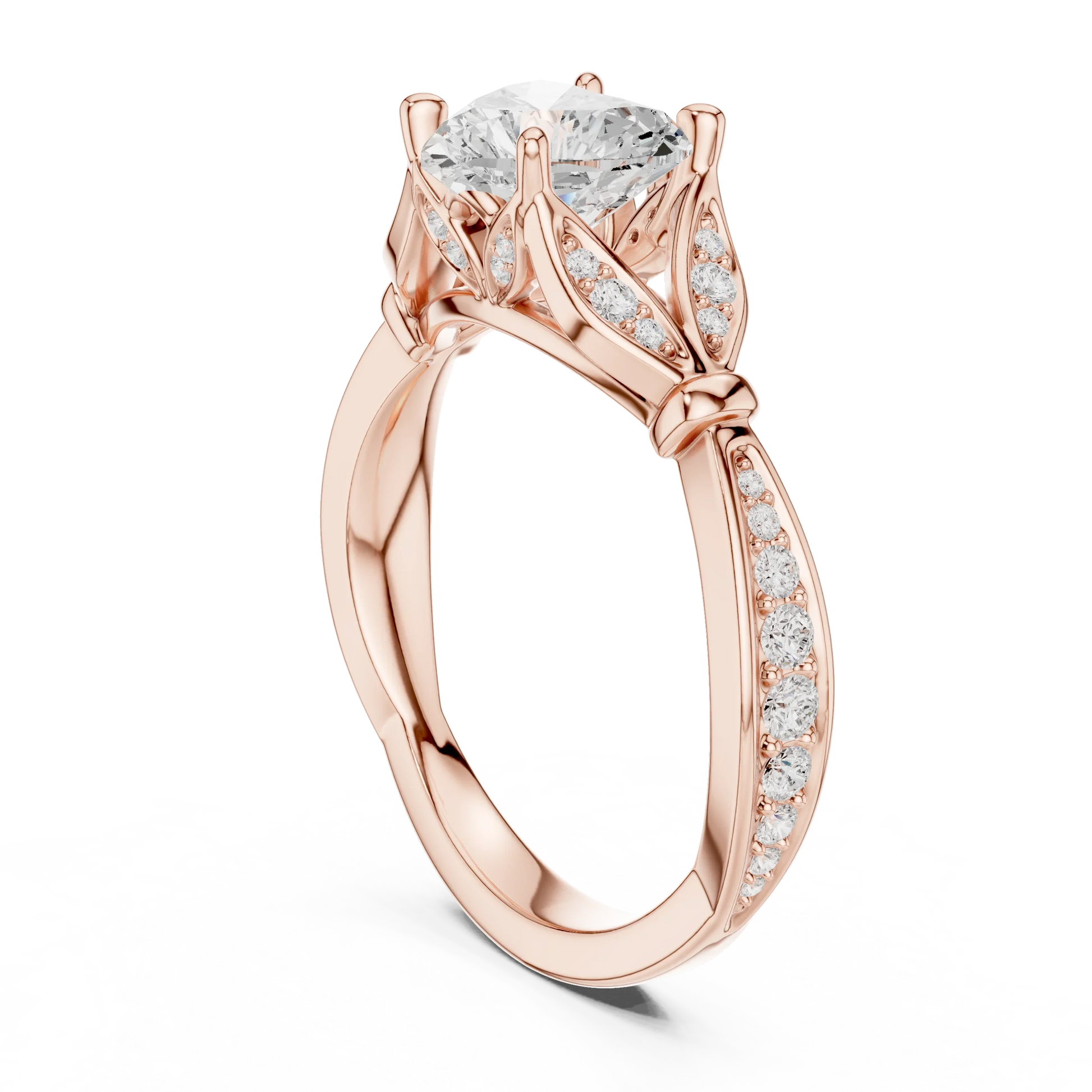 Back side view of rose gold heart solitaire ring with floral milgrain pave band and lab-grown diamond – Australia