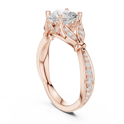 Back side view of rose gold heart solitaire ring with floral milgrain pave band and lab-grown diamond – Australia