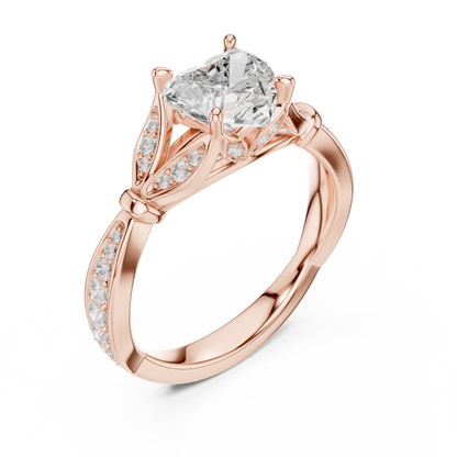 Front view of rose gold heart solitaire ring with floral milgrain pave band and lab-grown diamond – Australia