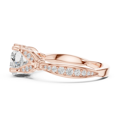 Side view of rose gold heart solitaire ring with floral milgrain pave band and lab-grown diamond – Australia