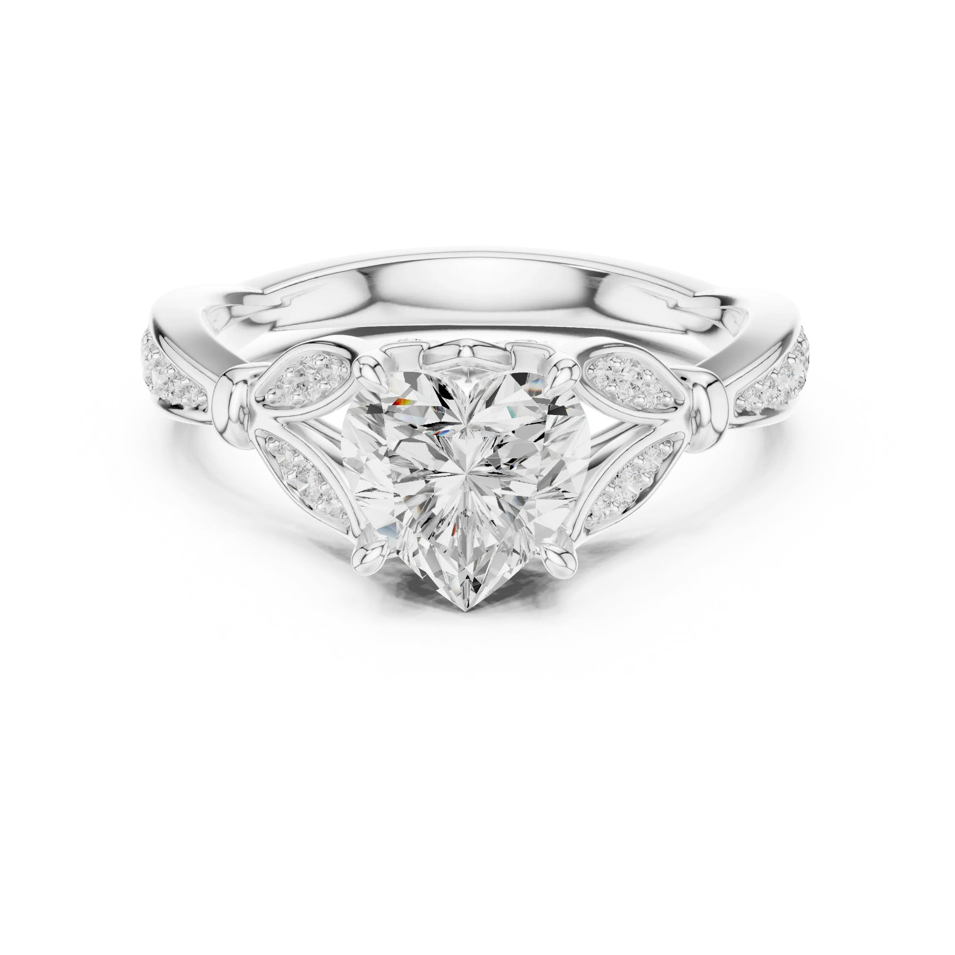 Heart solitaire ring in white gold with floral milgrain pave band and lab-grown diamond – Australia
