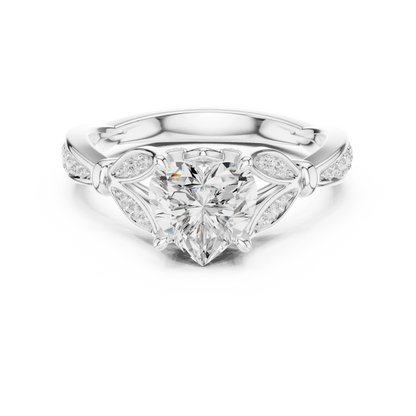 Heart solitaire ring in white gold with floral milgrain pave band and lab-grown diamond – Australia