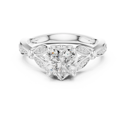 Heart solitaire ring in white gold with floral milgrain pave band and lab-grown diamond – Australia