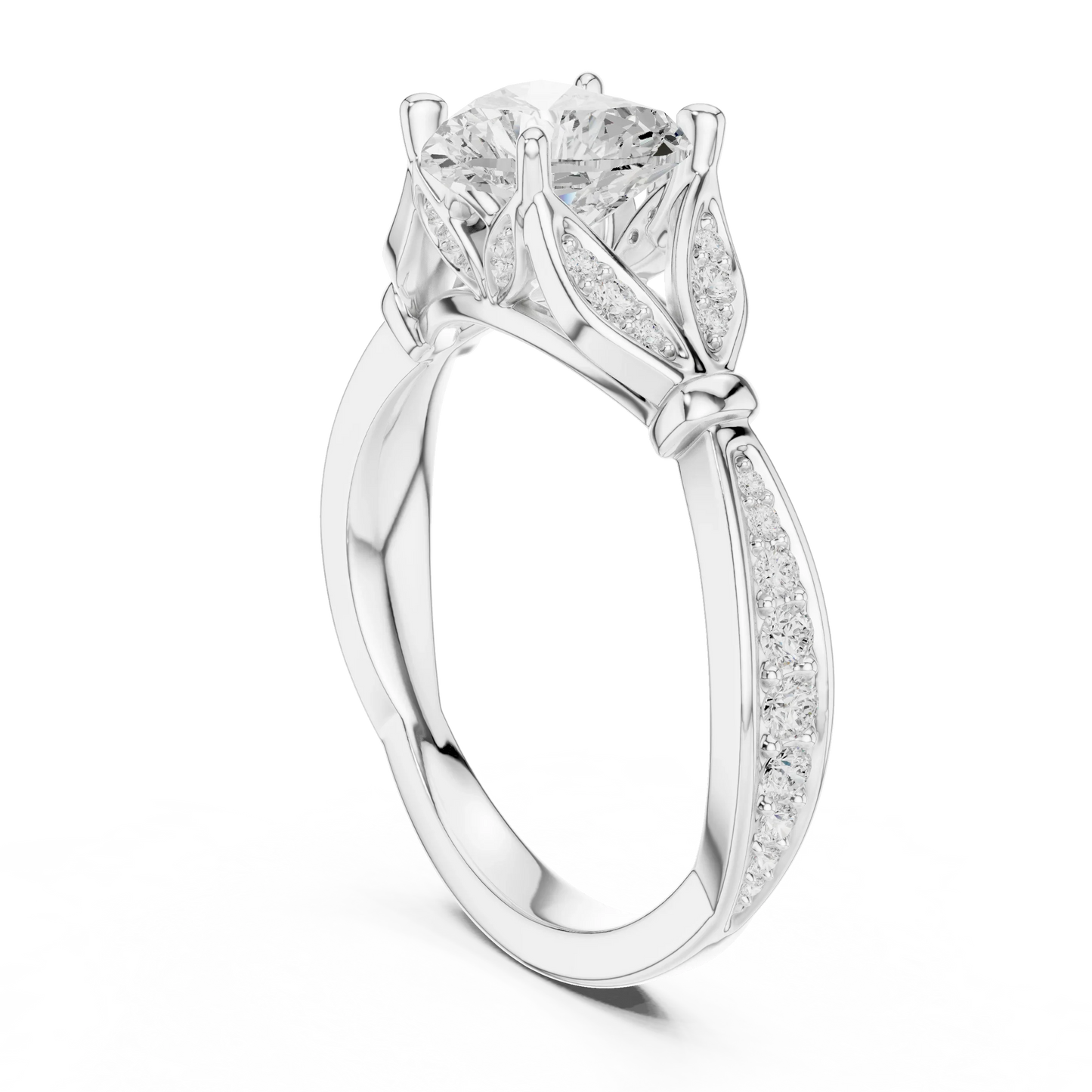 Back side view of white gold heart solitaire ring with floral milgrain pave band and lab-grown diamond – Australia